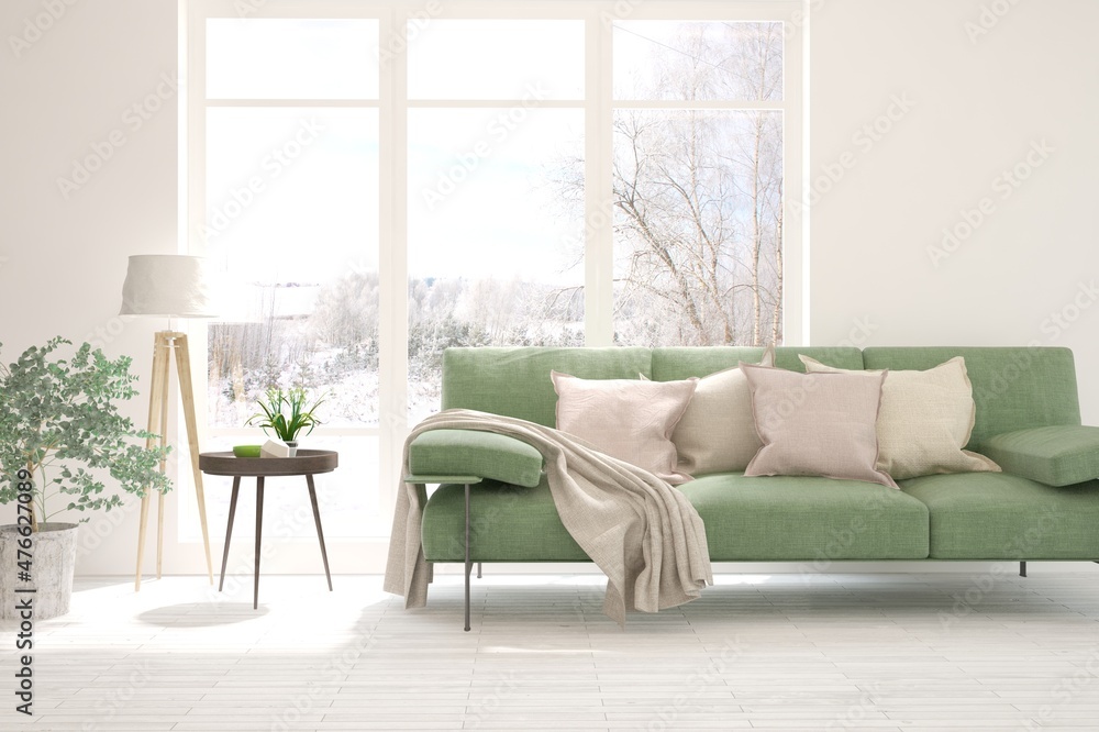 White living room with sofa and winter landscape in window. Scandinavian interior design. 3D illustration White living room with sofa and winter landscape in window. Scandinavian interior design. 3D illustration