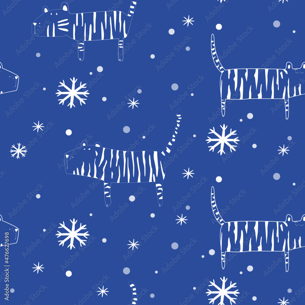 christmas pattern with blue tigers and snowflakes