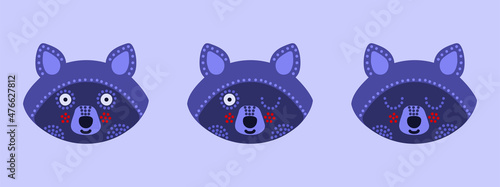 Head with expression of emotions of a funny raccoon in cartoon style isolated on a colored background.