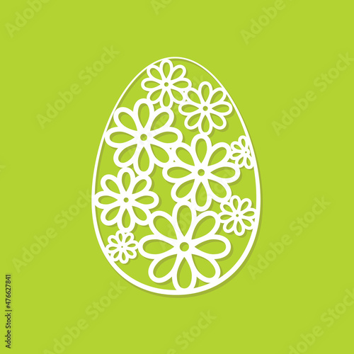 Openwork Easter egg on green background. Template for plotter and laser cutting or printing. Greeting card, Easter symbol. Stencil for decor, stamp, cut out. Vector illustration