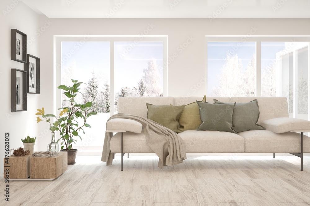 Naklejka premium White living room with sofa and winter landscape in window. Scandinavian interior design. 3D illustration