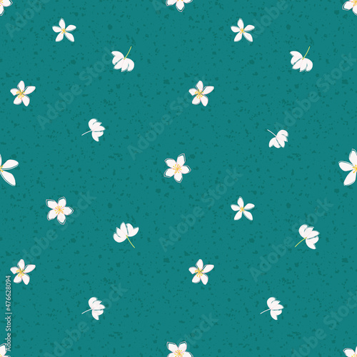 Jasmine flowers vector seamless pattern background. Line art hand drawn flower heads, blossom, petals. Spacious floral design on teal backdrop.Botanical repeat print for medicinal healing plant.