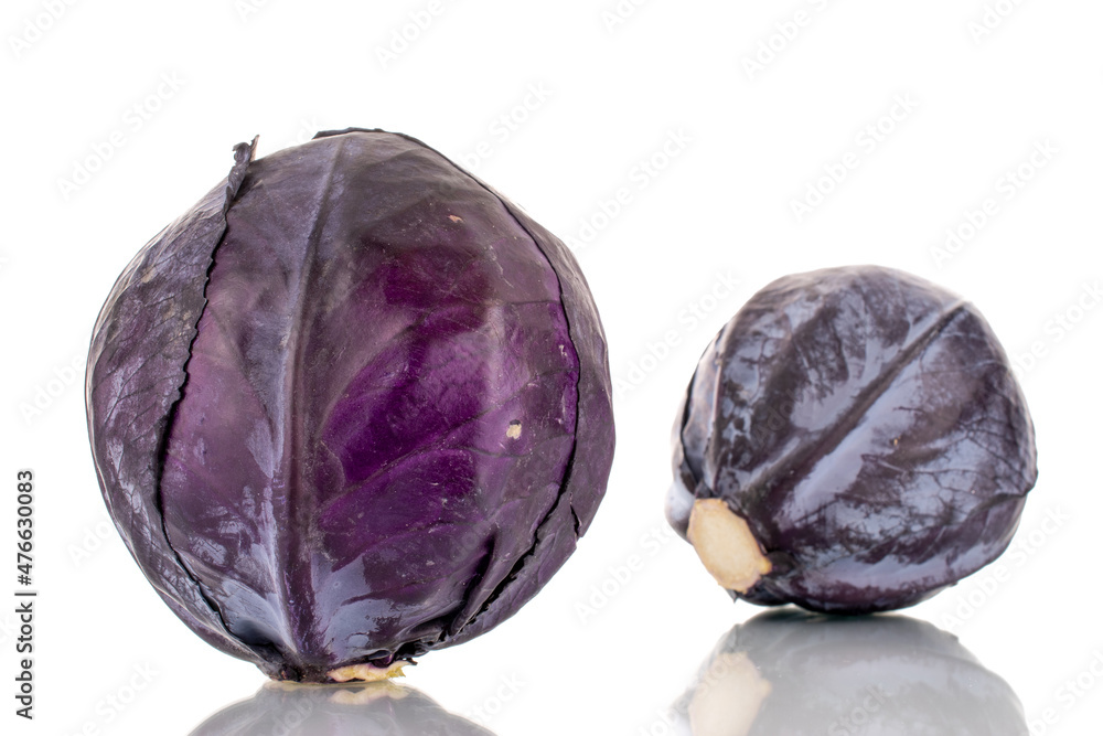 Two organic ripe red cabbage, close-up, isolated on white. Two organic ripe red cabbage, close-up, isolated on white.