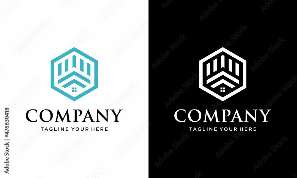 Hexagonal architecture logo real estate logo simple house template on a black and white background. Hexagonal architecture logo real estate logo simple house template on a black and white background.