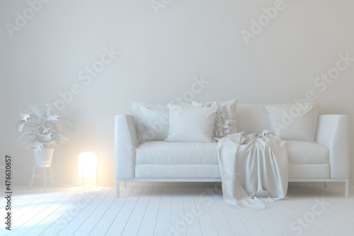 White minimalist living room with sofa. Scandinavian interior design. 3D illustration