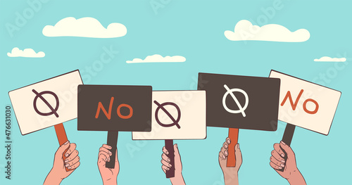 Hands holding banners. Concept of voting, protest, rally. Demonstration, crowd of people with blank placards. Vector flat cartoon illustration of hands raised up on blue background