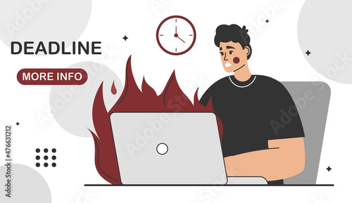 Tired and exasperated office worker or freelancer. Stress in the office. Rush work. Deadline. Vector.