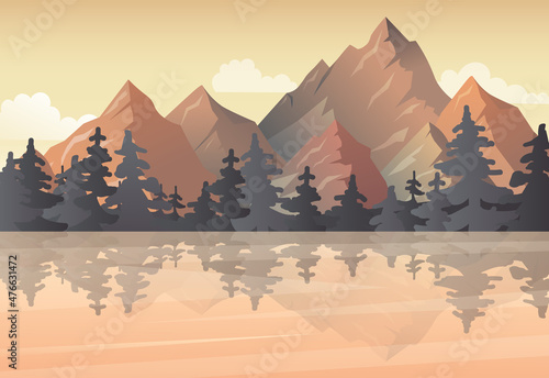 Mountain lake landscape vector illustration. Cartoon flat panorama of spring summer beautiful nature, forest, scenic lake and mountains on horizon background