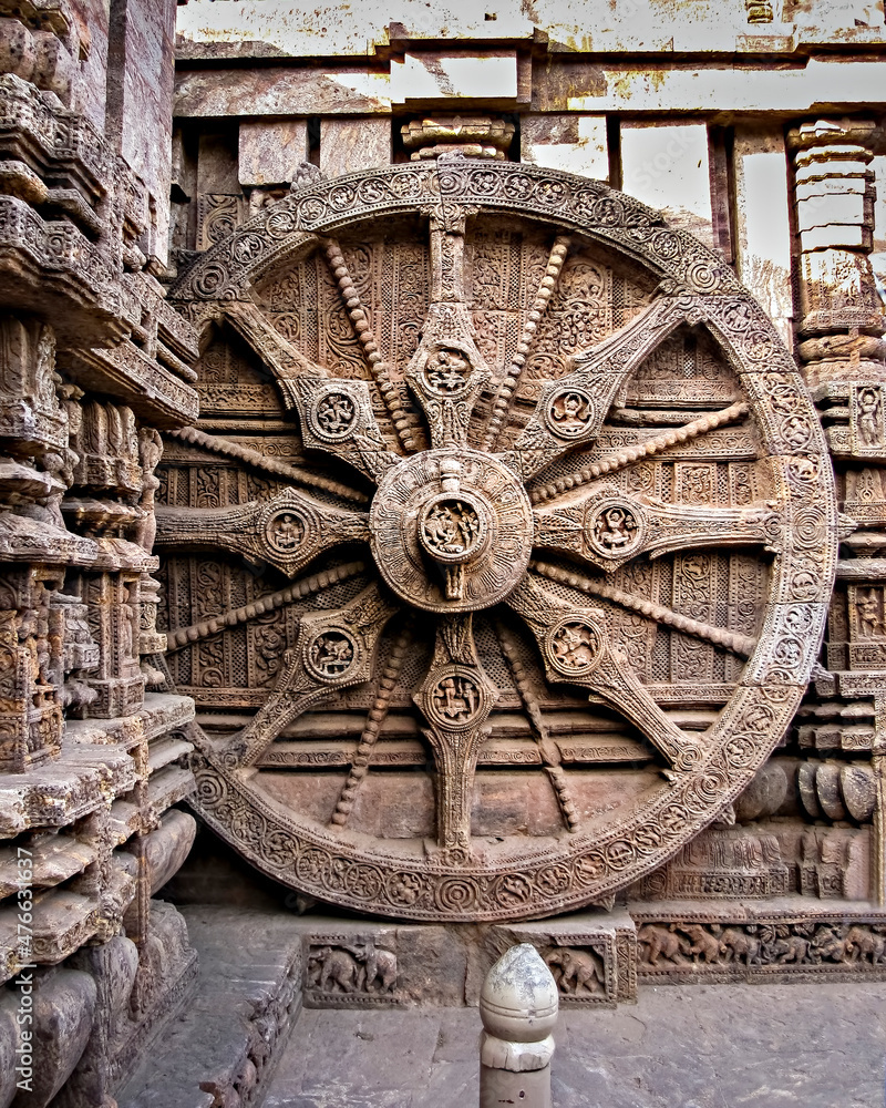 13th Century AD ,Ornately carved stone wheel on the ancient Surya Hindu Temple at Konark.