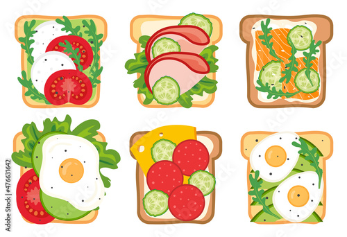 Set of toasts and sandwiches with different healthy ingredients. Slices of bread with eggs, avocado, tomato, vegetables. Flat vector illustration isolated on white