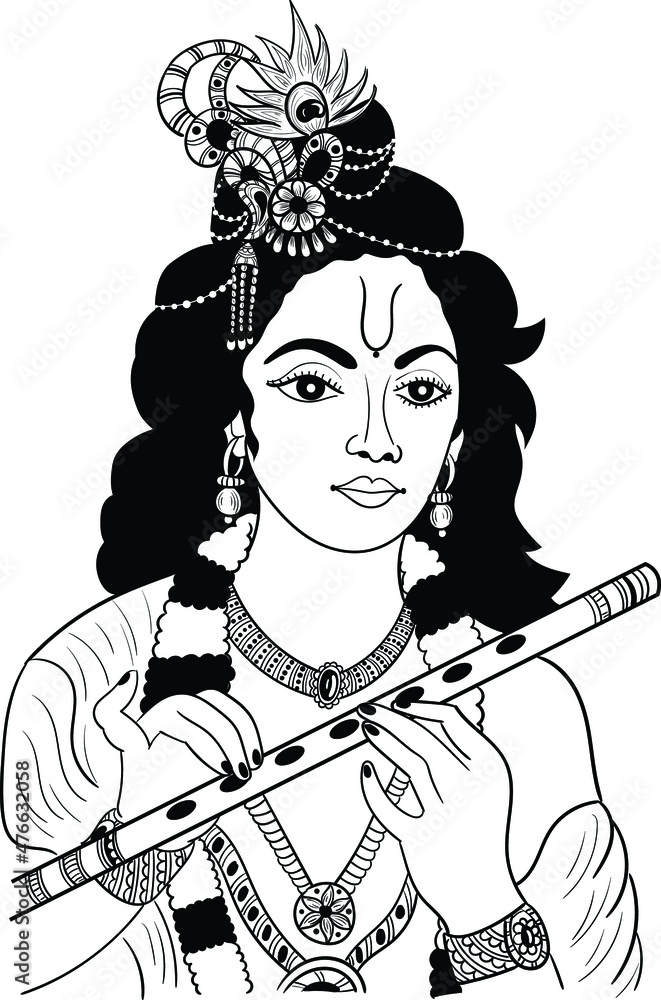 Lord Krishna plays his flute, vector Illustration. Happy Janmashtami ...