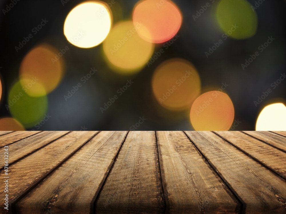 Empty table top with defocused bokeh lights background. Template for product display Empty table top with defocused bokeh lights background. Template for product display