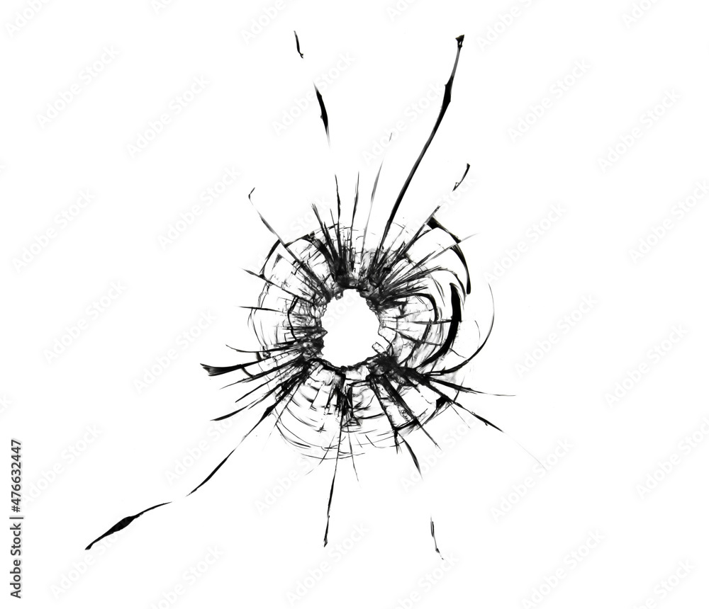 The effect of cracks from a bullet in the glass. The web of a cracked window from damage.