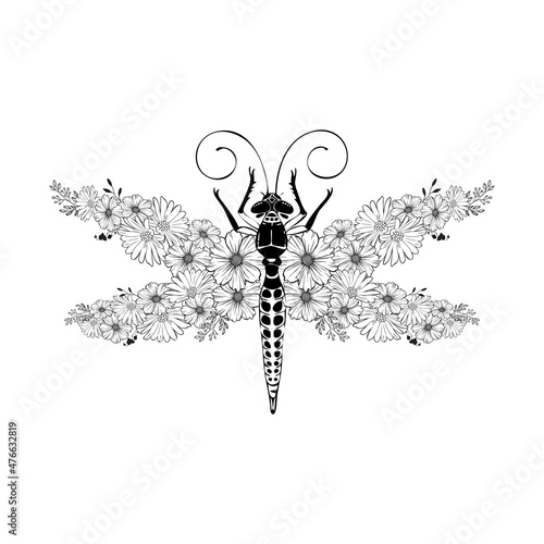 Vector illustration of a dragonfly and flowers.Graphic drawing of an isolated insect on a white background.