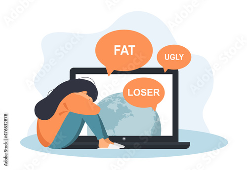 Sad woman with laptop receiving pop up messages. Cyber bullying. Online abuse concept. Teenager sitting on the floor and crying. Vector illustration in flat cartoon style.	

