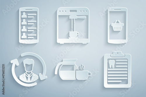 Set Coffee pot with cup, Shopping basket on mobile, Human resources, Clipboard dental card, machine and and Smartphone contacts icon. Vector