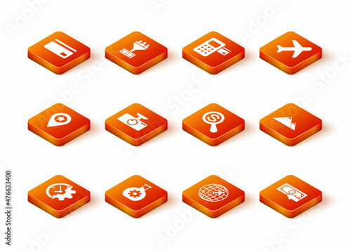 Set Clock and gear, Bioengineering, Location with star, Car DVR, Globe flying plane and Magnifying glass dollar icon. Vector