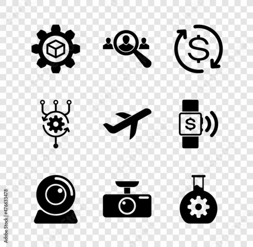 Set Product development, Magnifying glass for search people, Return of investment, Web camera, Car DVR and Bioengineering icon. Vector