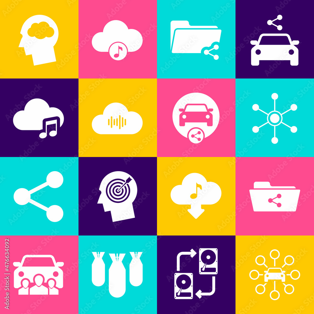 Set Car sharing, Share folder, Network, , Music streaming service and icon. Vector Set Car sharing, Share folder, Network, , Music streaming service and icon. Vector
