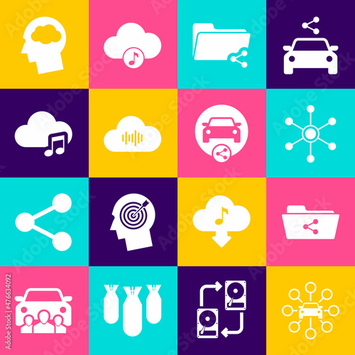 Set Car sharing, Share folder, Network, , Music streaming service and icon. Vector