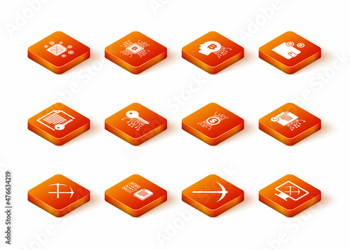 Set Crossed pickaxe, Smart contract, , Cryptocurrency key, Pickaxe and bitcoin in circuit icon. Vector