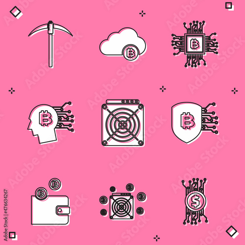Set Pickaxe, Cryptocurrency cloud mining, CPU farm, Bitcoin think, ASIC Miner and Shield with bitcoin icon. Vector