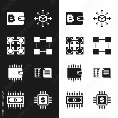 Set Blockchain technology, , Cryptocurrency wallet, Distribution, and Smart contract icon. Vector