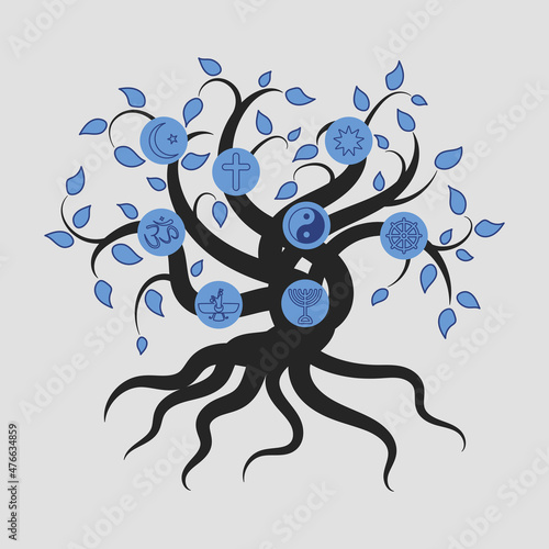 Tree with leaves and roots with religious symbols vector illustration