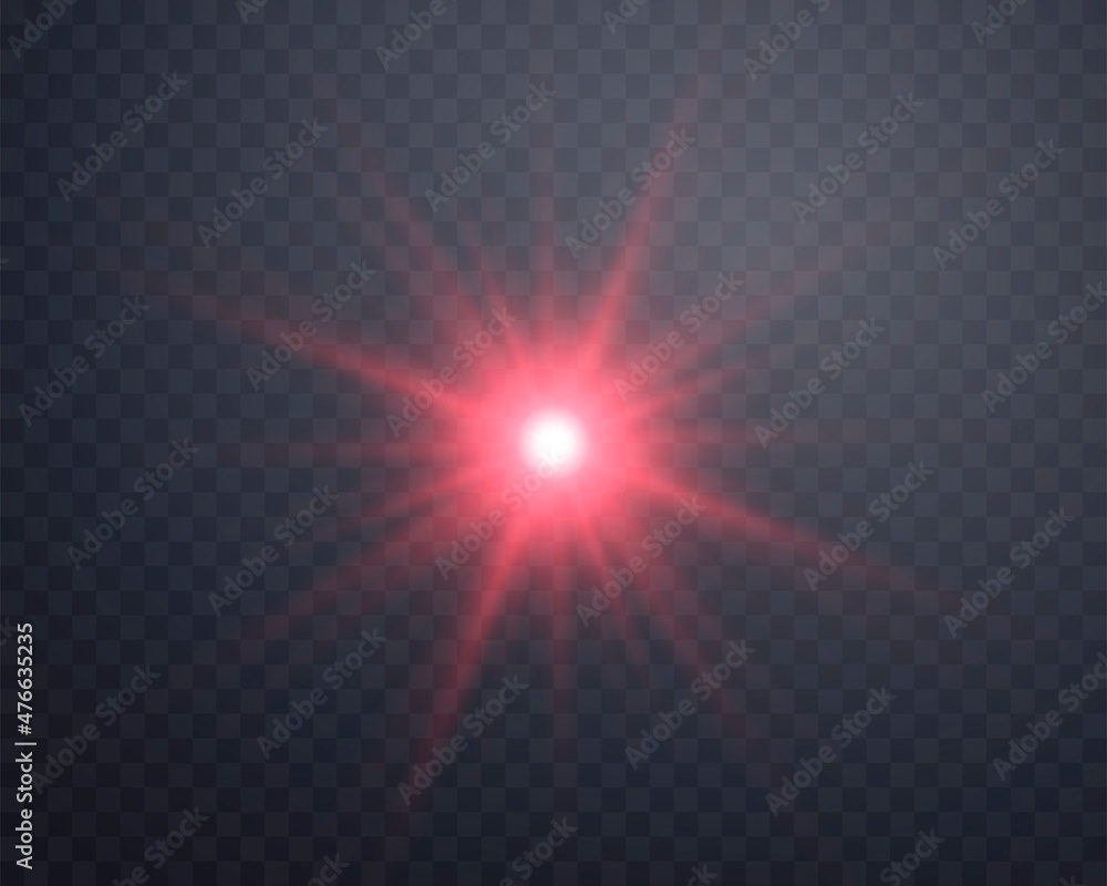 Red sunlight lens flare, sun flash with rays and spotlight. Glowing burst explosion on a transparent background. .Vector illustration. Red sunlight lens flare, sun flash with rays and spotlight. Glowing burst explosion on a transparent background. .Vector illustration.