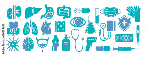 Set of anatomical and medical icons. Internal organs, hospital and healthcare symbols. Vector flat hand drawn illustration