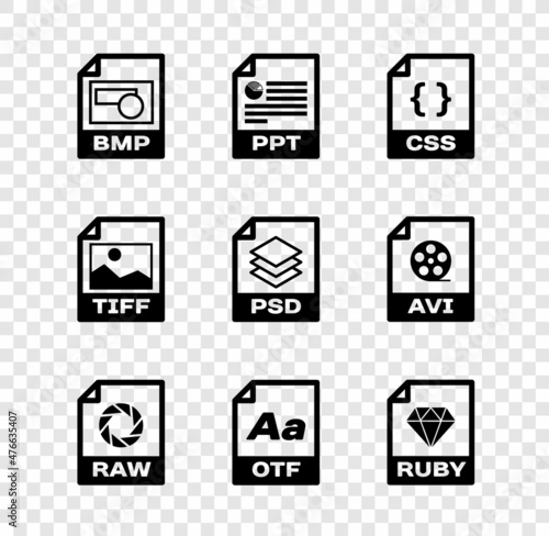 Set BMP file document, PPT, CSS, RAW, OTF and RUBY icon. Vector
