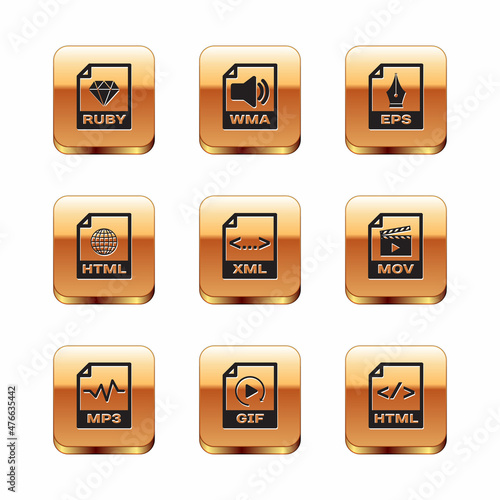 Set RUBY file document, MP3, GIF, XML, HTML and EPS icon. Vector