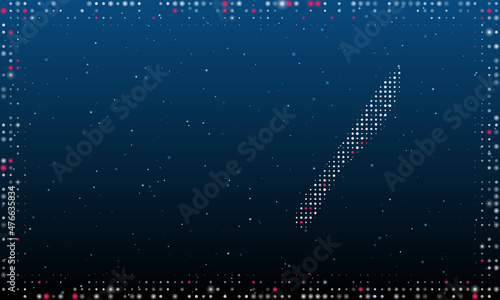 On the right is the kitchen knife symbol filled with white dots. Pointillism style. Abstract futuristic frame of dots and circles. Some dots is pink. Vector illustration on blue background with stars