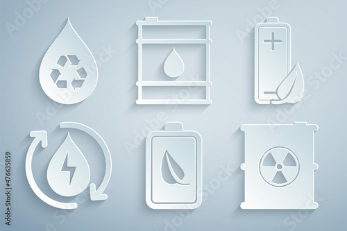 Set Eco nature leaf and battery, Recycle clean aqua, Radioactive waste in barrel, Oil and icon. Vector