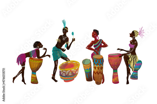 African Musicians dance and play the drums.