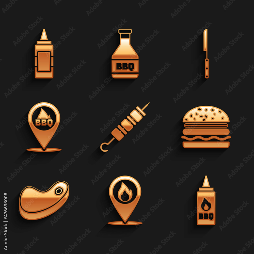 Set Grilled shish kebab, Location with fire flame, Ketchup bottle, Burger, Steak meat, barbecue, Barbecue knife and Mustard icon. Vector