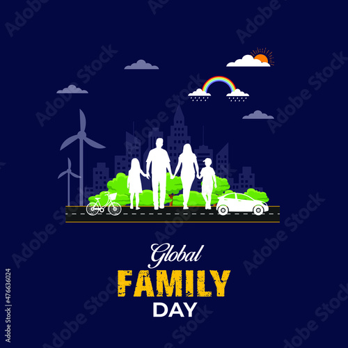 Happy Global Family Day Celebration. Parents and children have fun together with bright colors concept. Template for background, banner, card, poster with text. Vector illustration.