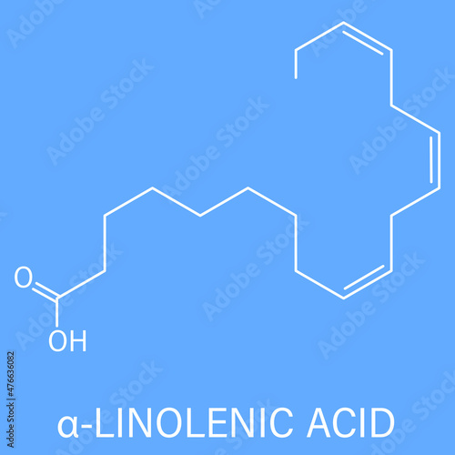 Alpha-linolenic acid or ALA molecule. Essential polyunsaturated omega-3 fatty acid, present in many vegetable oils. Skeletal formula.