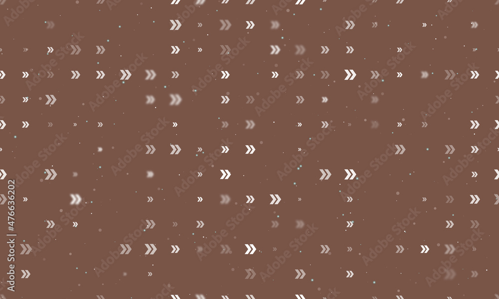 Seamless background pattern of evenly spaced white double arrow symbols of different sizes and opacity. Vector illustration on brown background with stars