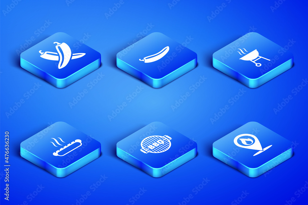 Set Location with fire flame, Crossed hot chili pepper pod, Barbecue grill, Hotdog sandwich, and icon. Vector Set Location with fire flame, Crossed hot chili pepper pod, Barbecue grill, Hotdog sandwich, and icon. Vector