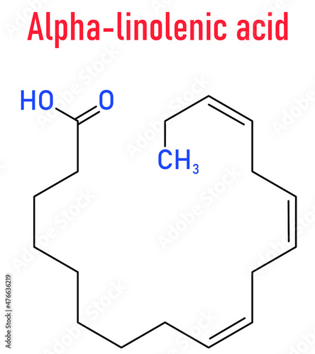 Alpha-linolenic acid or ALA molecule. Essential polyunsaturated omega-3 fatty acid, present in many vegetable oils. Skeletal formula.