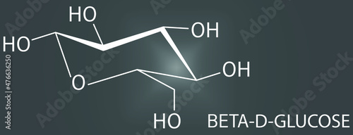 Glucose, dextrose or grape sugar molecule. Beta-D-glucopyranose form. Skeletal formula.