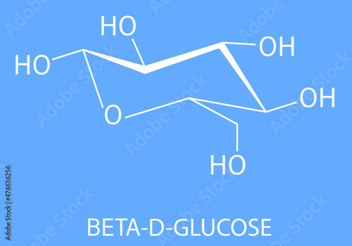 Glucose, dextrose or grape sugar molecule. Beta-D-glucopyranose form. Skeletal formula.
