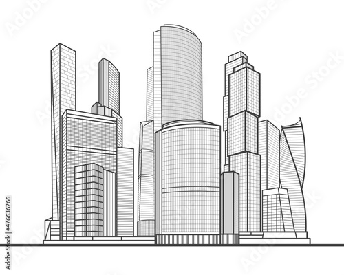 Modern town. Urban city complex. Business center. Infrastructure outlines illustration. Black lines on white background. Vector design art 