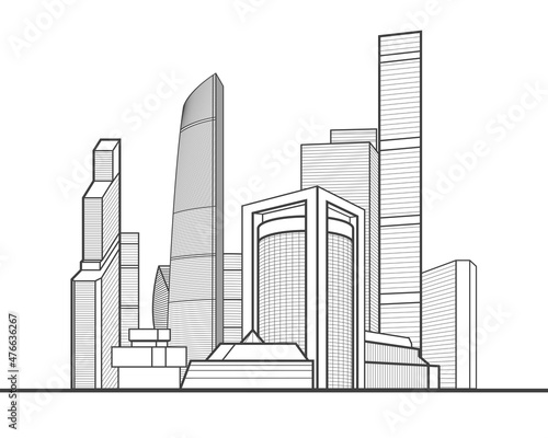 Modern town. Urban city complex. Business center. Infrastructure outlines illustration. Black lines on white background. Vector design art 