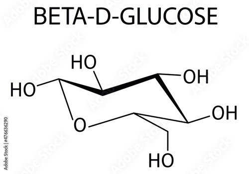 Glucose, dextrose or grape sugar molecule. Beta-D-glucopyranose form. Skeletal formula.