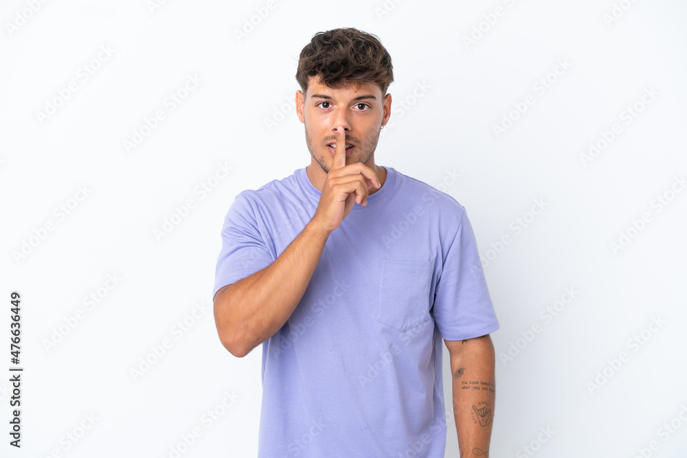 Young caucasian handsome man isolated on white background showing a sign of silence gesture putting finger in mouth Young caucasian handsome man isolated on white background showing a sign of silence gesture putting finger in mouth