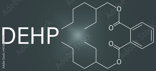 DEHP (Bis(2-ethylhexyl) phthalate, diethylhexyl phthalate, dioctyl phthalate, DOP) plasticizer molecule. Skeletal formula.