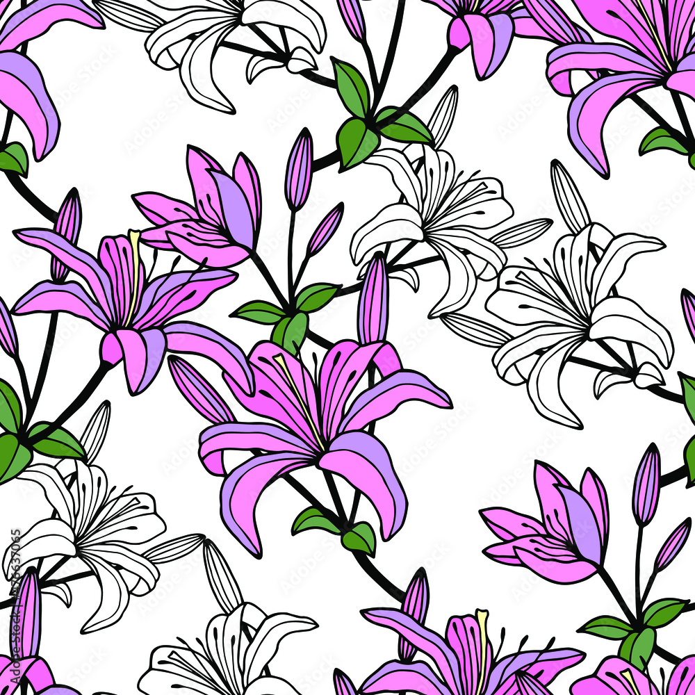 Lily flowers seamless pattern. Vector stock illustration eps10. Lily flowers seamless pattern. Vector stock illustration eps10.