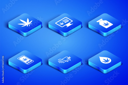 Set Marijuana or cannabis leaf oil, Shopping cart with marijuana, Online buying, and Medical bottle icon. Vector